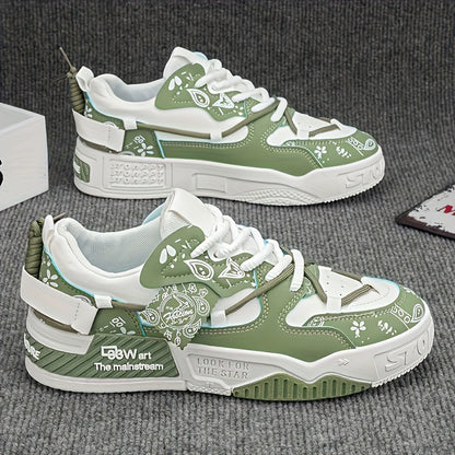 1 Pair Men's & Unisex Low-Top Skate Sneakers - Soft-Soled, Graffiti Camo & Letter Print (TPF/ST) Logo - PU Upper & Cushioned Tread - All-Season Casual Shoes for Skateboarding, College, Commuting - Black/Blue/Green