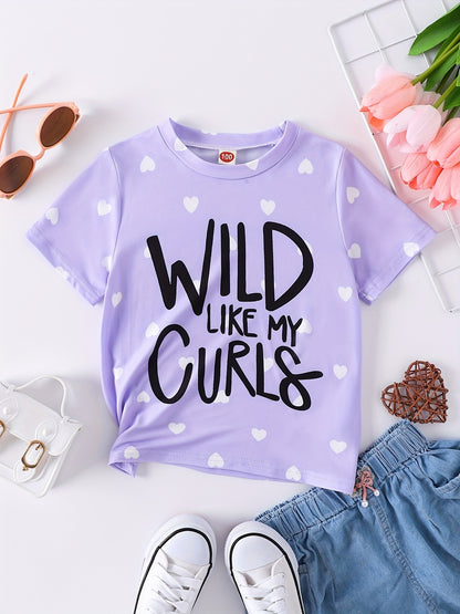 Girl's Pink Heart Print T-Shirt with English Lettering