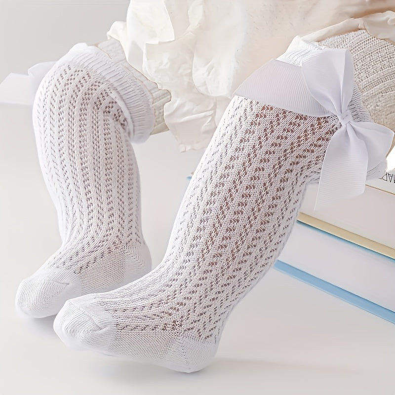 [Elegant Bow Stockings] 1 Pair Girls' Elegant Floral-like Bow Accent Stockings | Breathable Openwork, All-Season Formal & Everyday Legwear - Easy On/Off for Toddlers & Kids (Hand Wash Only) - Birthday Party Outfit Essentials