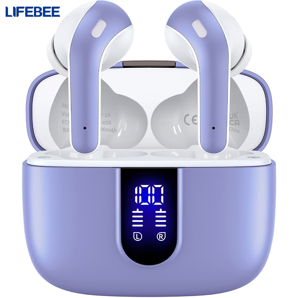 Wireless Earbuds with LED Power Display | 60H Playback, Wireless Charging Case, Noise Cancellation, Condenser Microphone, Touch Control, USB Type-C Charging, LIFEBEE