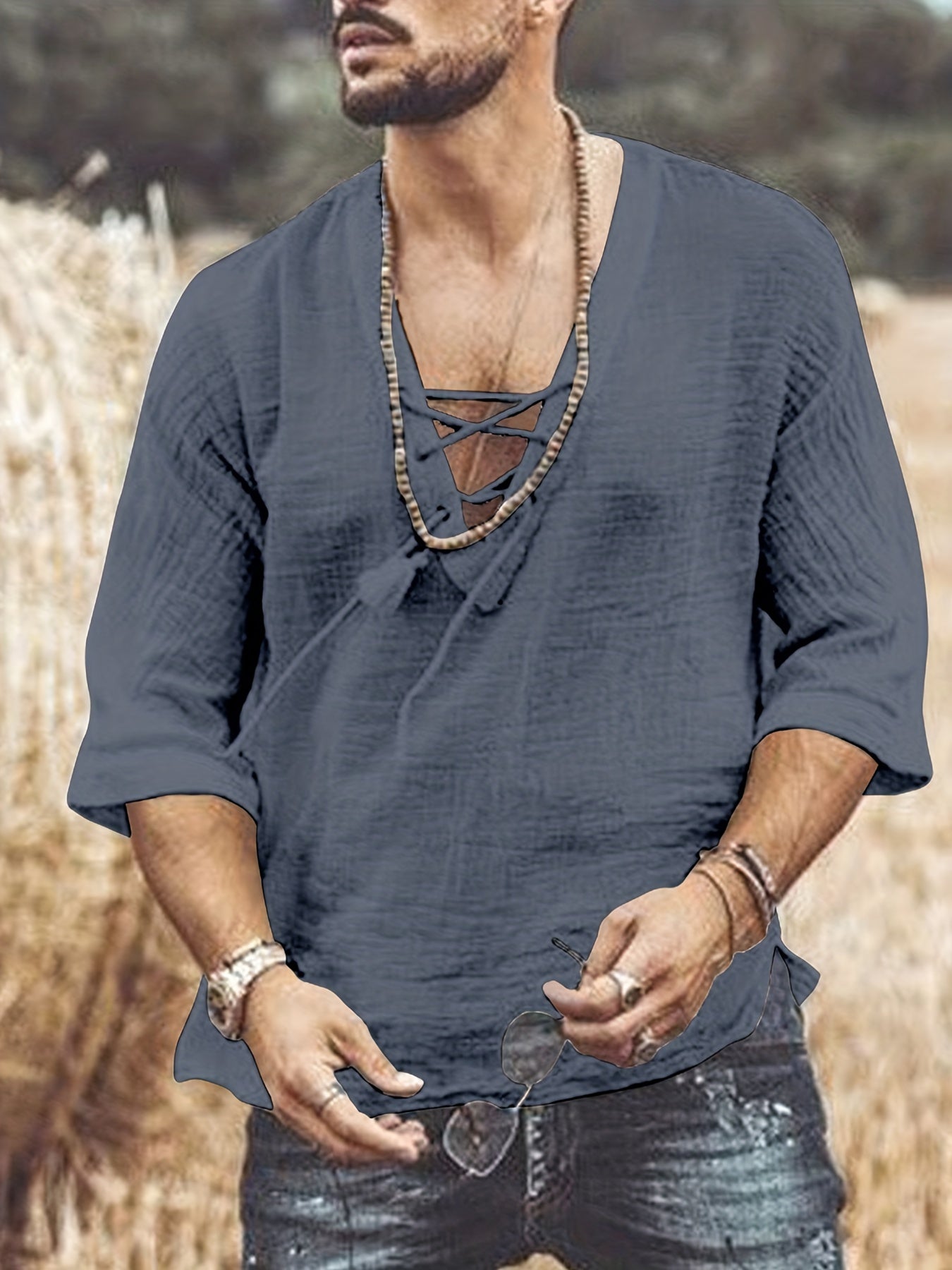 [Summer T-Shirt] Breathable Summer Men's V-Neck Short-Sleeve T-Shirt | Casual Fashion Solid Color Drawstring with Wrinkle Fabric