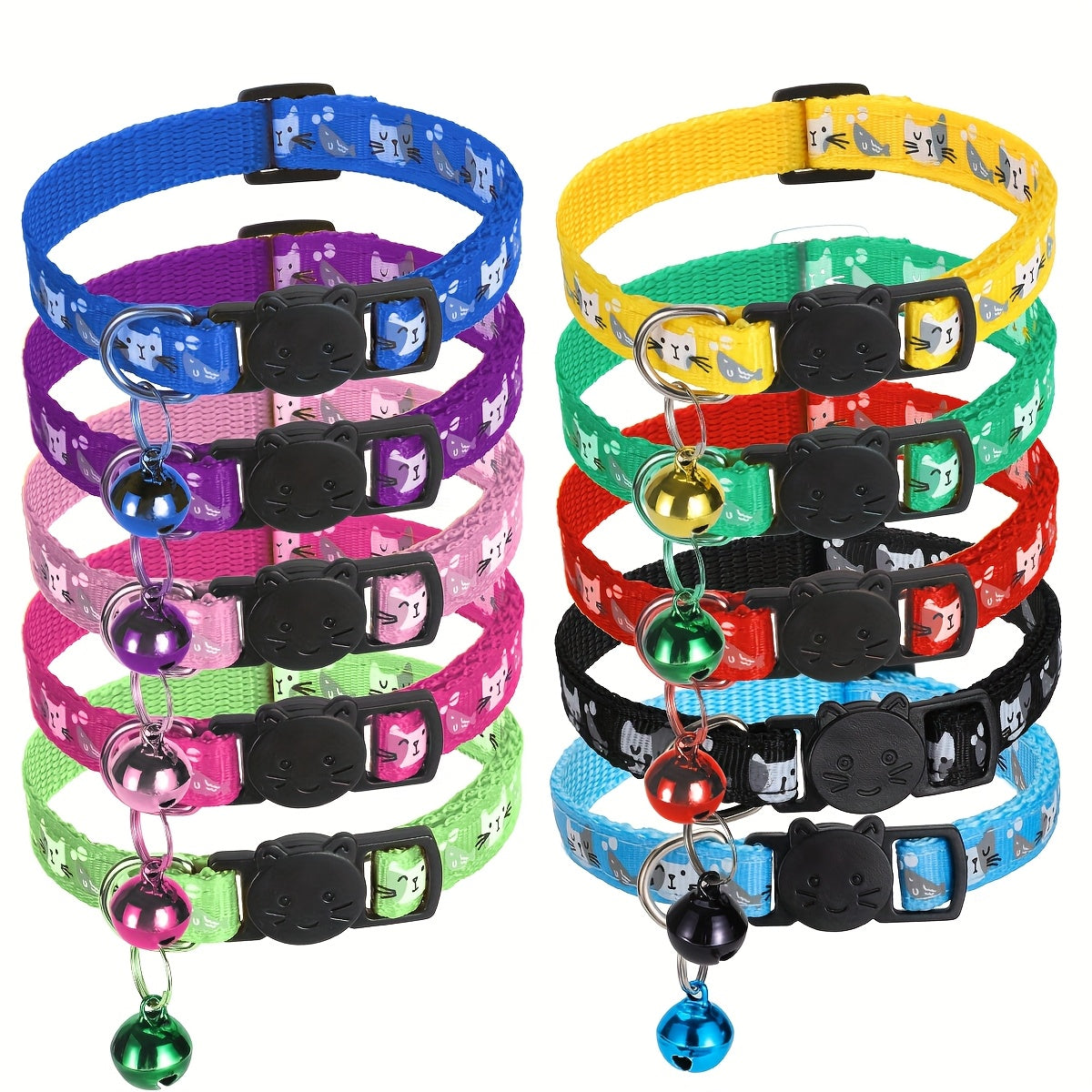 10-Pack Reflective Breakaway Cat Collars with Bells & Round Ears, Durable Polyamide Material, Adjustable Safety Pet Collar Set with Various Patterns