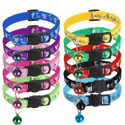 10-Pack Reflective Breakaway Cat Collars with Bells & Round Ears, Durable Polyamide Material, Adjustable Safety Pet Collar Set with Various Patterns