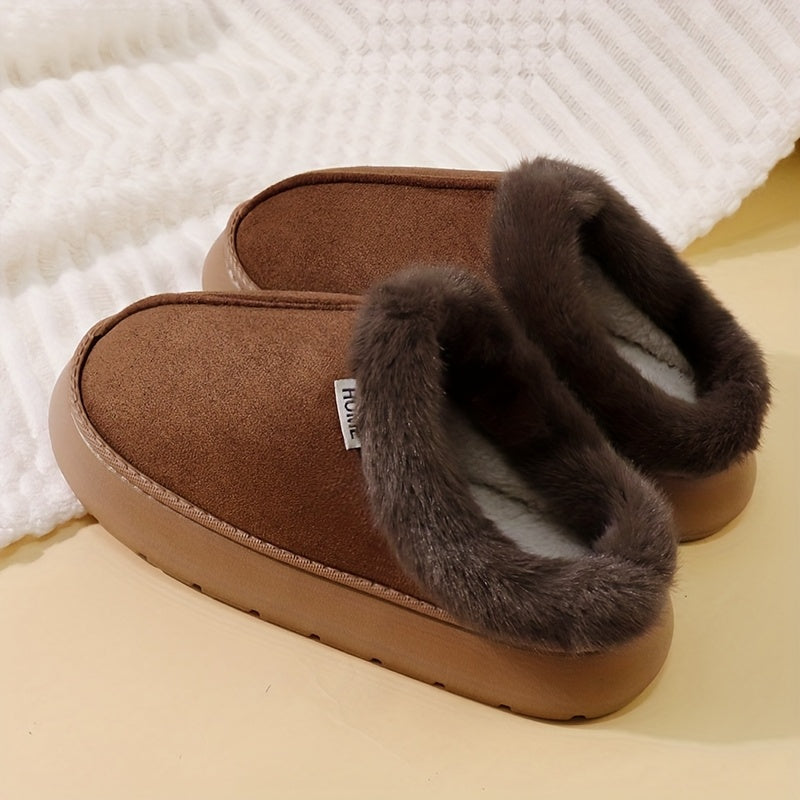 Fashionable And Elegant Short-Haired Plush Warm Thick-Soled EVA Slippers with a Color-Matched Sole., Women Shoes