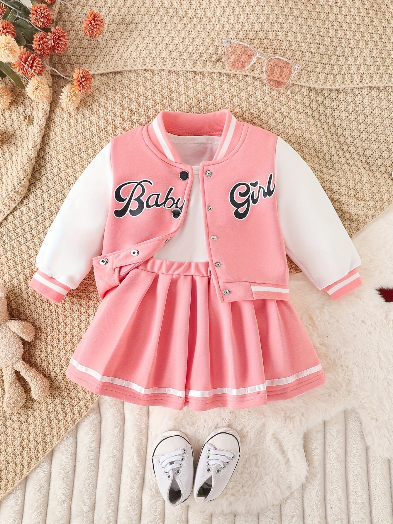 Girls' American-Style Patchwork Baseball Jacket And a Preppy-Style Skirt Set