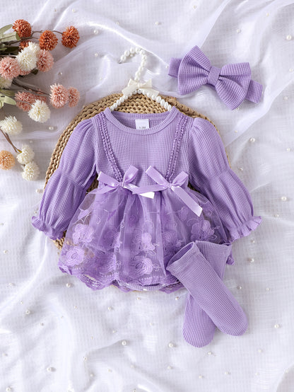 Autumn And Winter Baby Waffle Lantern Sleeve Mesh Romper with Socks And Headband, for Outdoor