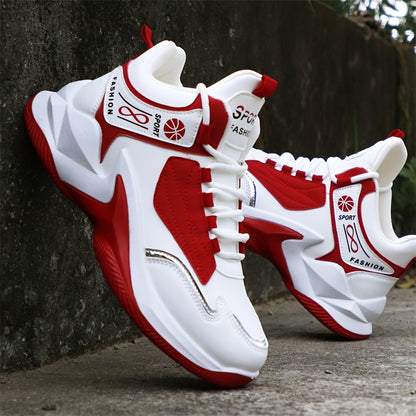 Men'S High-Top Sports Shoes, Lightweight Running Shoes with a Non-Slip Rubber Sole, Featuring a White And Red Color Scheme. Suitable for Gym Workouts, Walking, And Everyday Use Throughout The Year. These Lace-Up Fitness Shoes Have a High-Top Design