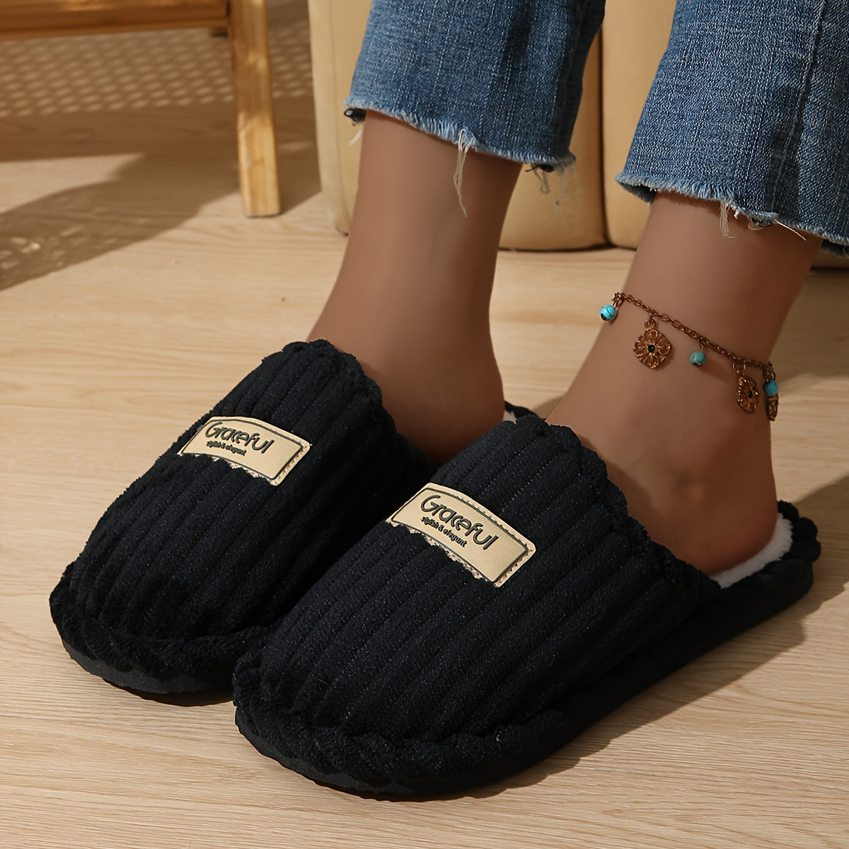 Elegant Vertical Stripe Slippers | Warm Soft Fabric with Fluffy Lining, All-Season Home Slippers, Couple'S Perfect Holiday Gift, Hand Washable, Non-Dry Cleanable, EVA Sole