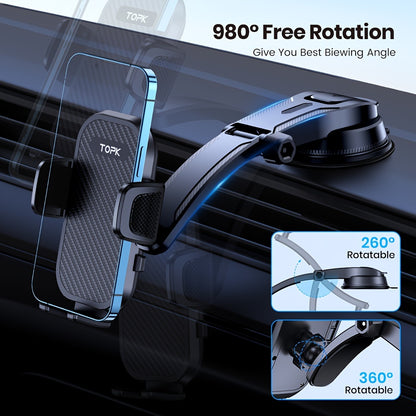 [TOPK Adjustable Phone Holder] TOPK Car Dashboard Phone Holder, Adjustable Mount | Enhanced for Cell Phones, Compatible with All Models, Horizontal or Vertical Positioning