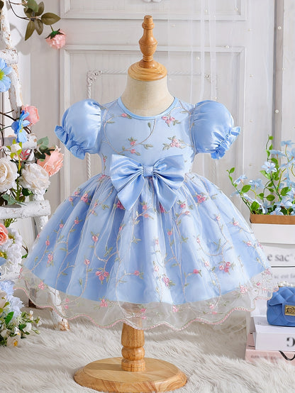Girls' Summer Wedding Season Elegant Noble Fashion Bow Puff Sleeve Baby Girl First Birthday Gown Tulle Skirt Children's Puffy Princess Dress for Party