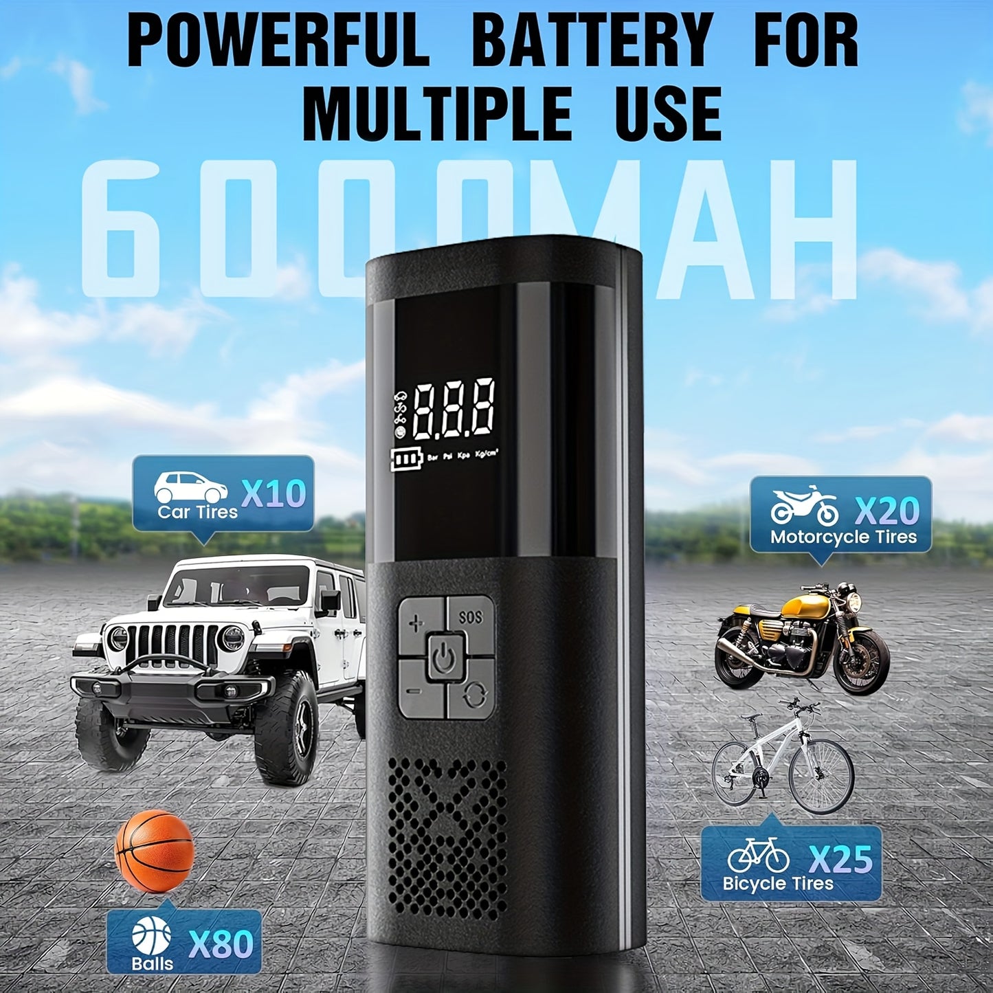 [Portable Tire Inflator] Portable Tire Inflator 150PSI | Digital Display, LED Lighting, Triple Speed, Wireless, USB Charging, Suitable for Cars, Motorcycles, Bicycles, Sports Balls