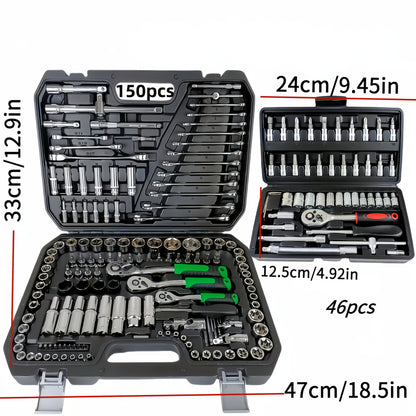 46/150-Pcs Tool Kit, Includes High-Quality, Durable, and Easy-to-Use 1/2”, 1/4”, 3/8” SAE and Metric Sizes, Sockets, Ratchet Torque Wrench, and Multi-Function Screwdriver Set - Suitable for Automotive, Home Repairs, Boat, Garage, and Bicycle Trunk