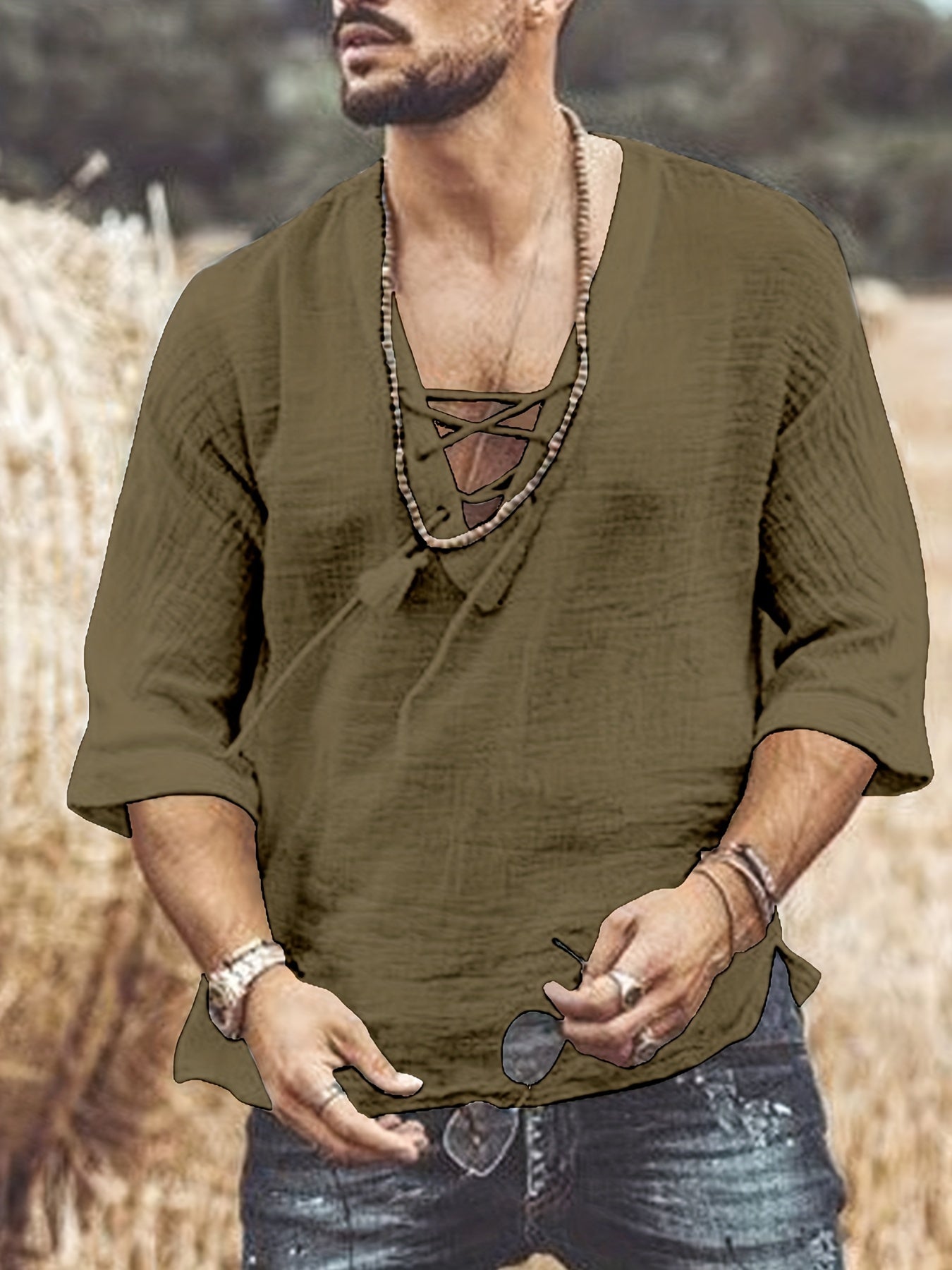 [Summer T-Shirt] Breathable Summer Men's V-Neck Short-Sleeve T-Shirt | Casual Fashion Solid Color Drawstring with Wrinkle Fabric