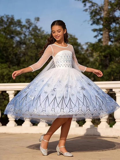 White Ice And Snow Dress for Girls, Themed Costume, White Princess Gown, Carnival Outfit, Floor-Length Cape Dress