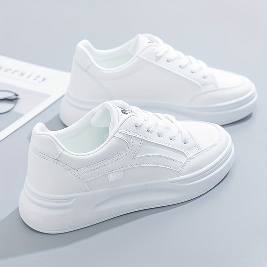 Women'S Platform Skate Shoes, Versatile Height Increasing Lace Up Low Top Shoes, Outdoor Walking White Shoes Plus Size
