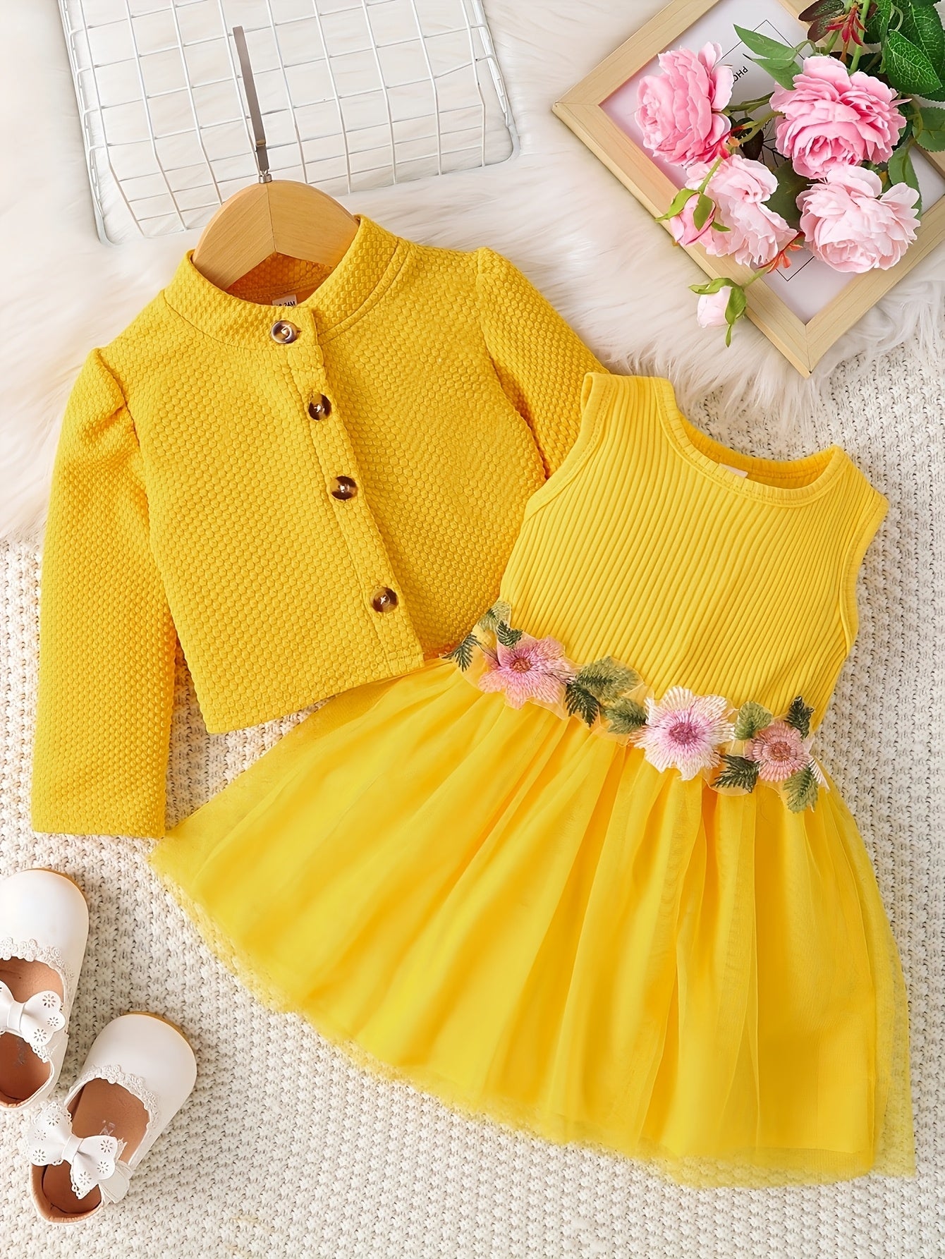 [Casual | Floral] Long Sleeve Floral Girls' Casual Dress | Skirt Set with Jacket