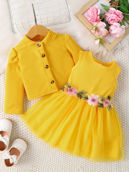 [Casual | Floral] Long Sleeve Floral Girls' Casual Dress | Skirt Set with Jacket