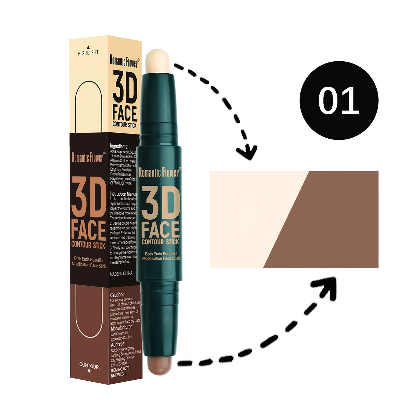 [3D Face | Contour] Waterproof Long Lasting 3D Face Double Head Contour Stick, Highlights&Contour&Concealer | with Plant Squalane