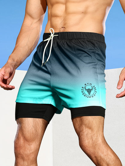 [Men's Athletic Shorts] Breathable Mesh Athletic Shorts - Men's Gradient Summer Outdoor Sports | Adjustable Drawstring Waist, Black to Gray with "NO Fear NO Limits" Design, Comfortable for Active Wear