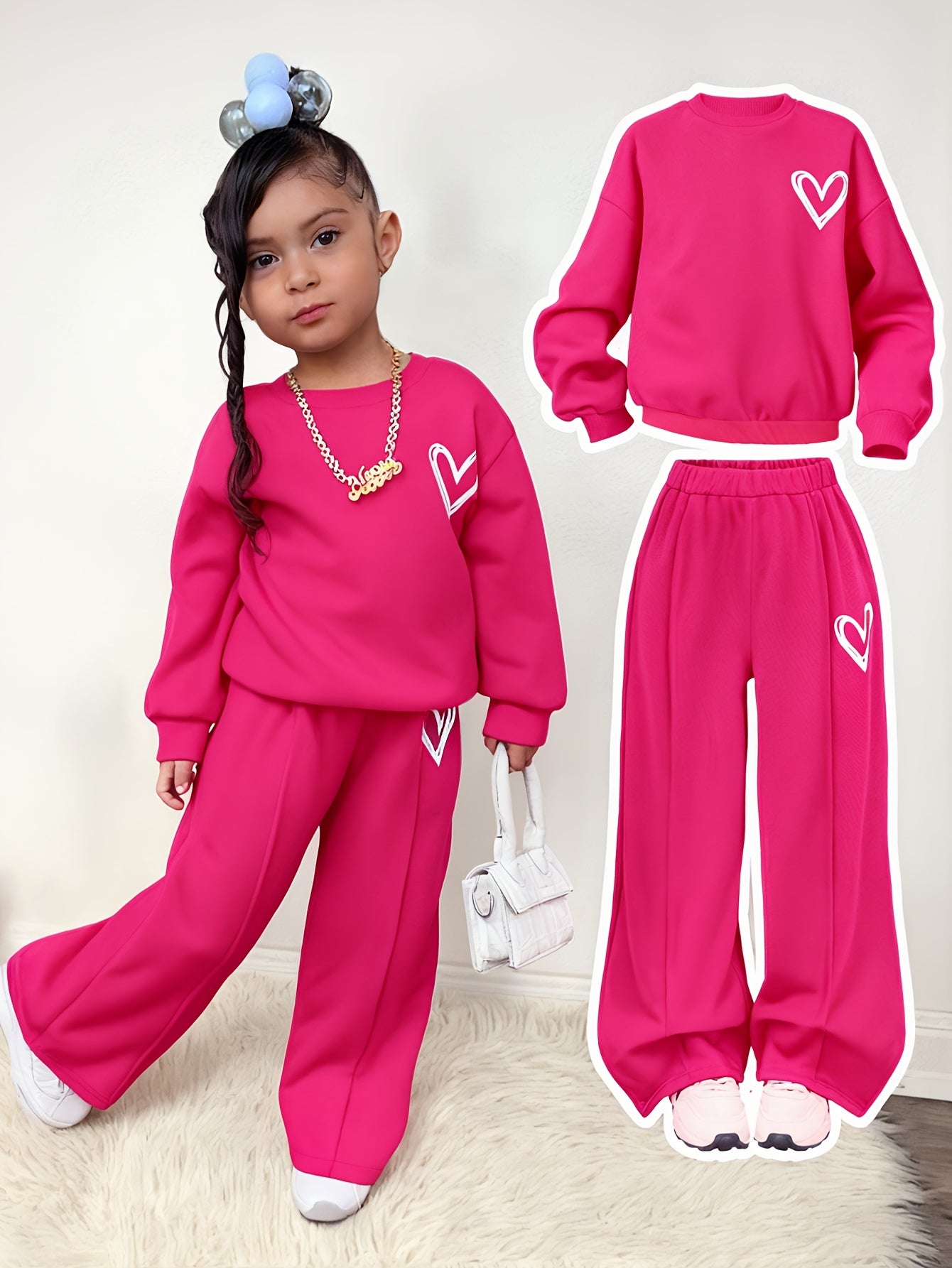 Girls' Heart Print Fleece Sweatshirt & Long Pants Two-Piece Set, Warm Cozy Comfortable Fabric, Perfect for Autumn Winter Outdoor Wear, Great Gift for Children