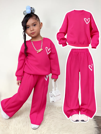 Girls' Heart Print Fleece Sweatshirt & Long Pants Two-Piece Set, Warm Cozy Comfortable Fabric, Perfect for Autumn Winter Outdoor Wear, Great Gift for Children