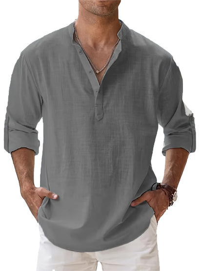 Cotton Cotton And Linen Blend Hot Men's Long-Sleeved Shirts Summer Solid Color Stand-Up Collar Casual Beach Style Plus Size Cotton And Linen Blend for Man Tops