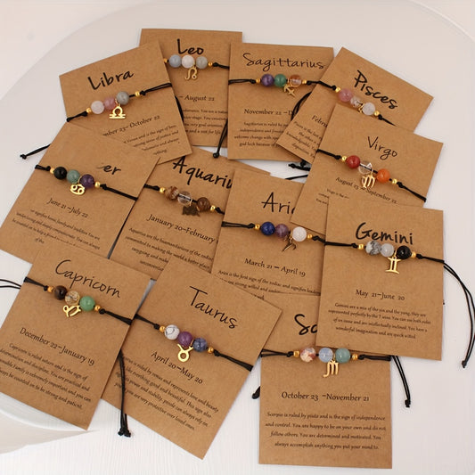Chic Handmade Zodiac Pendant Bracelet with Natural Imperial Stone, Amethyst & Aquamarine - Vintage-Inspired Fashion Accessory for Women, Includes Blessing Card, Perfect Gift for Friends & Holidays, Twelve Zodiac, Sweet Gift
