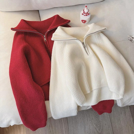 Thickened knitted 2024 autumn and winter new age-reducing design zipper loose and thin lapel lazy sweater top women