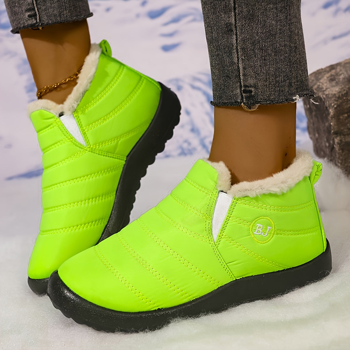 Women's Slip-On Winter Ankle Boots - Cozy Artificial Fur-Lined Interior, Non-Slip Sole, Navy Blue with Logo "B.J." - Warm Booties in Multiple Colors, Women Shoes