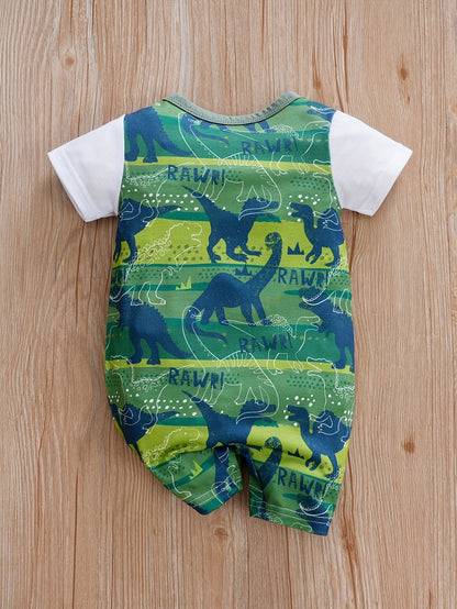 [2pcs Cartoon Romper] Two-piece Faux Bodysuit, Infant's Cartoon Zoo Animal Print Casual Short Sleeve Romper | Baby Boy's Outdoor Clothing