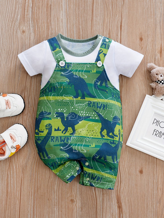 [2pcs Cartoon Romper] Two-piece Faux Bodysuit, Infant's Cartoon Zoo Animal Print Casual Short Sleeve Romper | Baby Boy's Outdoor Clothing
