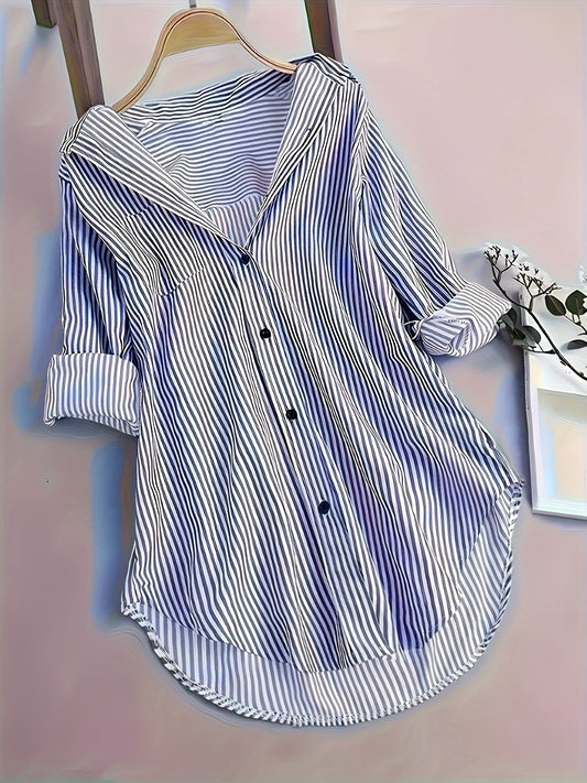 Elegant Striped Shirt for Women, Fashionable Long-Sleeve Top with a Collar