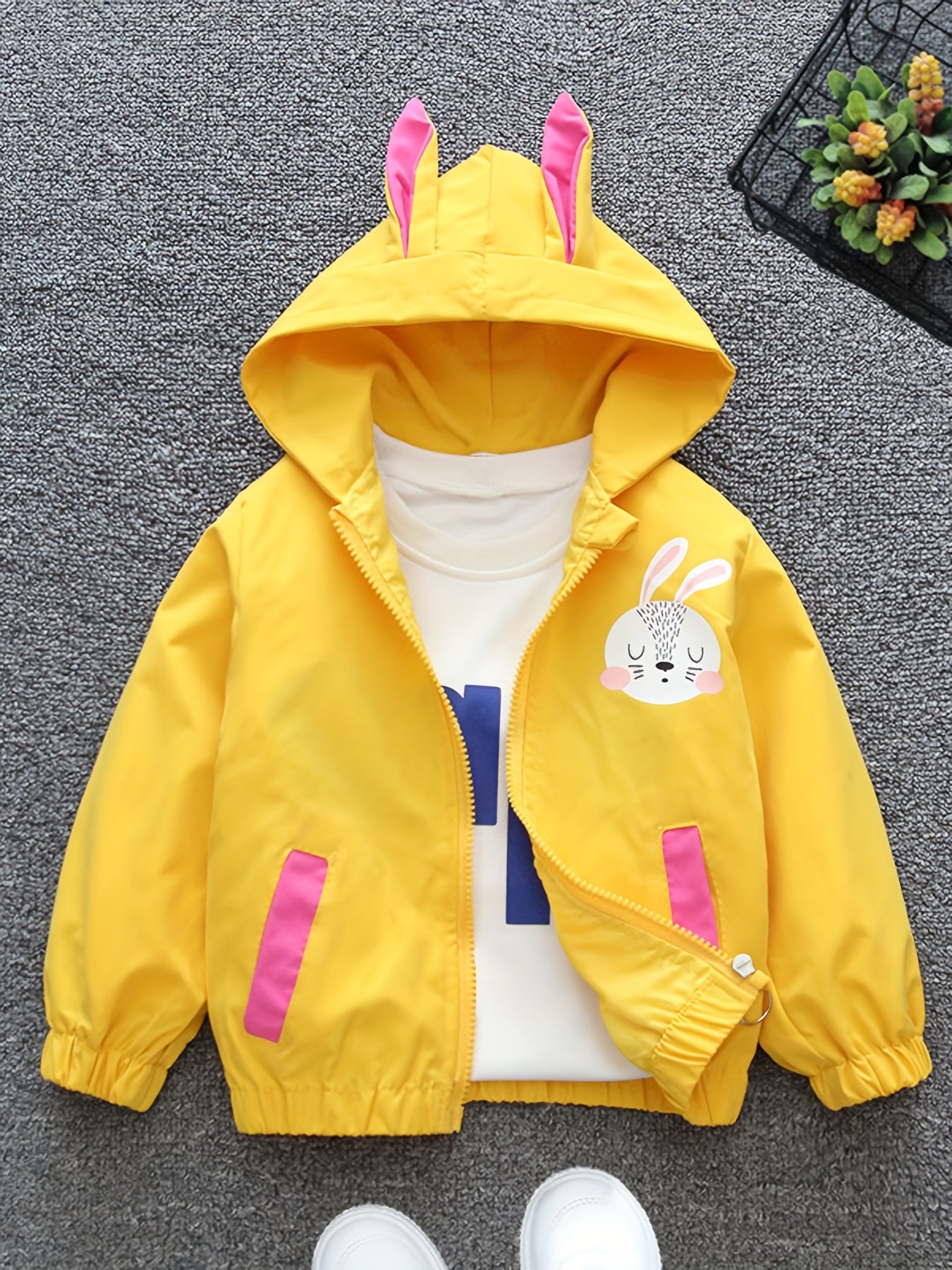 Girls' Yellow Bunny Print Hooded Jacket, Pink Bunny & Floral Accents, Lightweight Spring/Fall Coat, Zip-Up Front, Loose Fit Casual Outerwear for Everyday, Spring Outerwear
