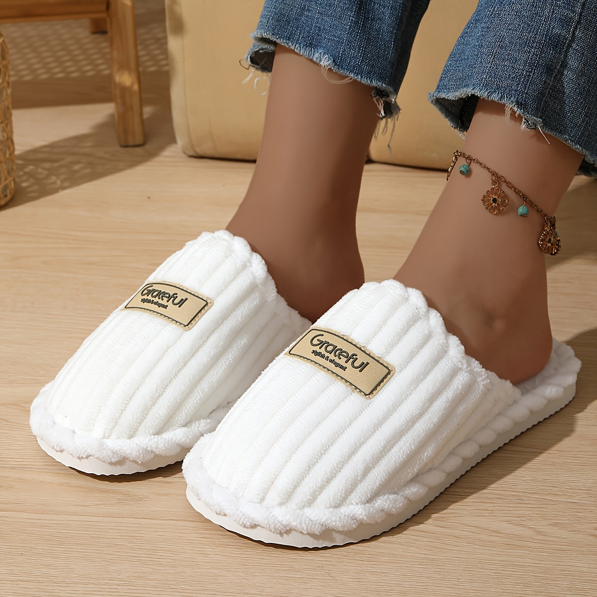Elegant Vertical Stripe Slippers | Warm Soft Fabric with Fluffy Lining, All-Season Home Slippers, Couple'S Perfect Holiday Gift, Hand Washable, Non-Dry Cleanable, EVA Sole