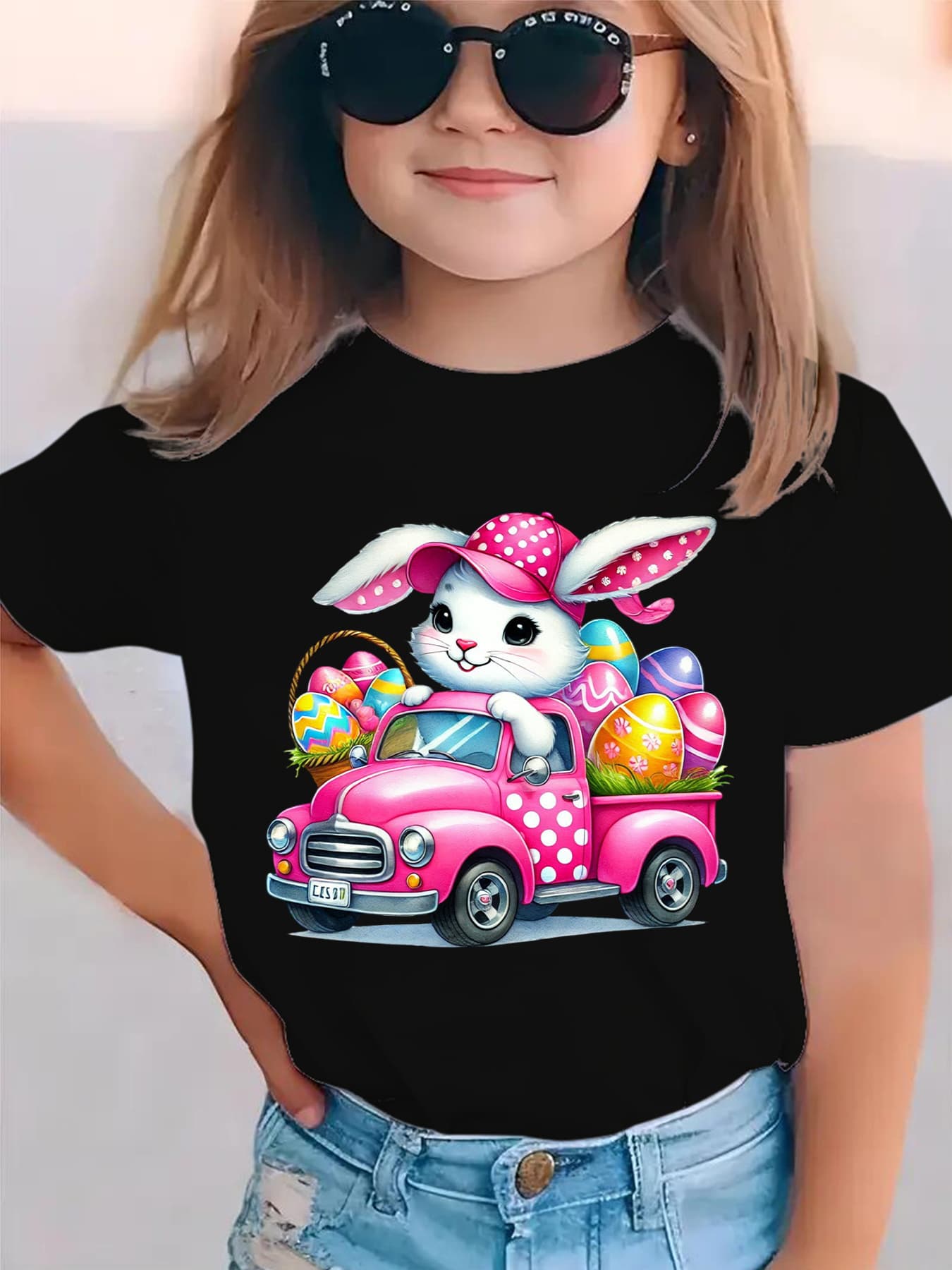 Girls' Easter Bunny Driving with Eggs Short Sleeve T-Shirt - Cute & EASTER Lettering Spring Summer Casual Round Neck Blouse for Easter Egg Hunt Outfits NY-DX5447