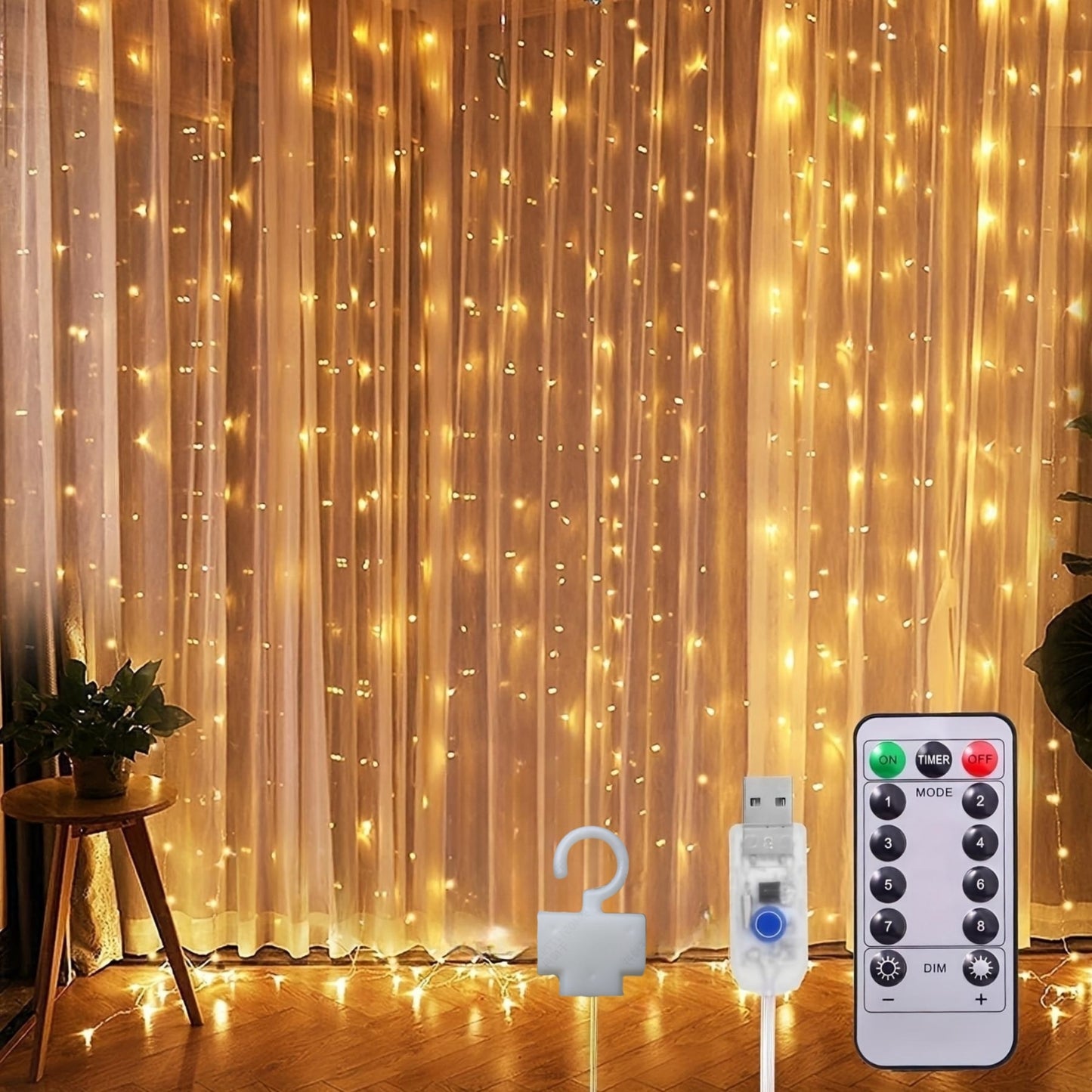 1pack 100/200/300LED Curtain Lights for Bedroom | 3.3/6.5/9.8 X 9.8ft Warm Fairy Lights, 8 Modes with Remote, USB Powered, IP65, Includes Hooks, Copper Wire, Multi-Color Twinkle Lights for Wedding, Christmas, Party