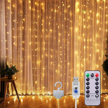 1pack 100/200/300LED Curtain Lights for Bedroom | 3.3/6.5/9.8 X 9.8ft Warm Fairy Lights, 8 Modes with Remote, USB Powered, IP65, Includes Hooks, Copper Wire, Multi-Color Twinkle Lights for Wedding, Christmas, Party