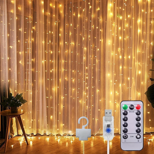 1pack 100/200/300LED Curtain Lights for Bedroom | 3.3/6.5/9.8 X 9.8ft Warm Fairy Lights, 8 Modes with Remote, USB Powered, IP65, Includes Hooks, Copper Wire, Multi-Color Twinkle Lights for Wedding, Christmas, Party