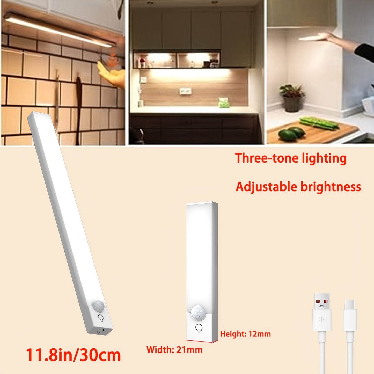 USB Rechargeable LED Motion Sensor Light - Wireless, Three Tone Lighting, Warm/White Night Light for Kitchen, Closet, Hallway and Stairs, Room, Night Lighting, Computer Backlight, USB Gadget, USB Light Cabinet Lights