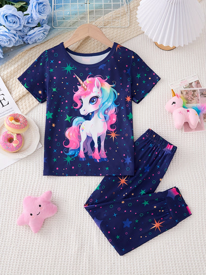 Girls' Spring/Summer/Autumn 2pcs Set: Glow-in-the-Dark Cute Unicorn Print Round Neck Pullover T-Shirt with Short Sleeves + Fluorescent Starry Sky Print Elastic Waistband Ankle-Length Pants. Cute Style Pants Set, Girls' Pants Set, Suitable for Daily