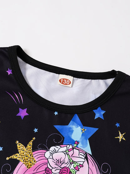 2pcs of Adorable Luminous Unicorn Star Design Short T-Shirts And Shorts Pajama Set, Soft And Skin-Friendly Princess Pajamas for Girls, Perfect for Cozy Lounging