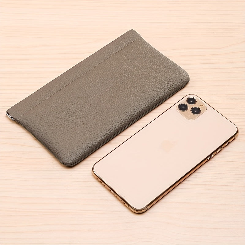 Self-Closing Genuine Leather Long Wallet with Zipper Closure - Compact Travel Organizer for Cash, Cards, Passport, Headphones & Cables - Durable Everyday Use Cosmetic Pouch, Minimalist Design, Highquality Stitching