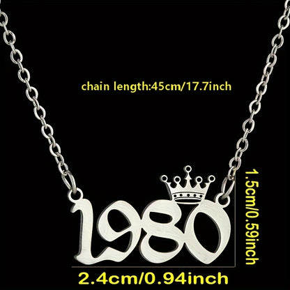 1 Elegant and Stylish Stainless Steel Polished Year Number Necklace, Unique Date Birthday Crown Pendant Necklace Gift for 1980-2024, Versatile Casual Attire Collarbone Chain Holiday Present