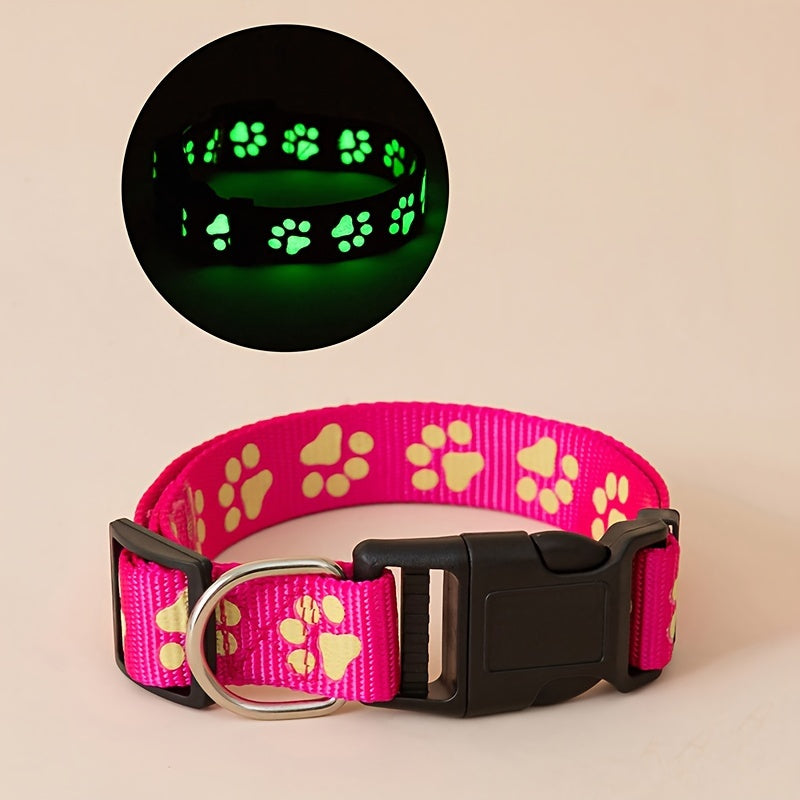 [1pc Glow Dog Collar Adjustable] 1pc Paw Print Glow in the Dark Dog Collar, Adjustable Head and Snap Buckle, Polyester Material, Animal Print Pattern, Night Visibility for Indoor and Outdoor Use