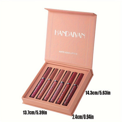 [Matte Liquid Lipstick Set] 6pcs HANDAIYAN Matte Liquid Lipstick Set - Waterproof Long-Lasting Full Coverage Lip Gloss, Non-Stick Formula with 6 Shades (, Nude, Burgundy, Deep, Plum,) - Lip Tint Kit for Lips & All Light Types