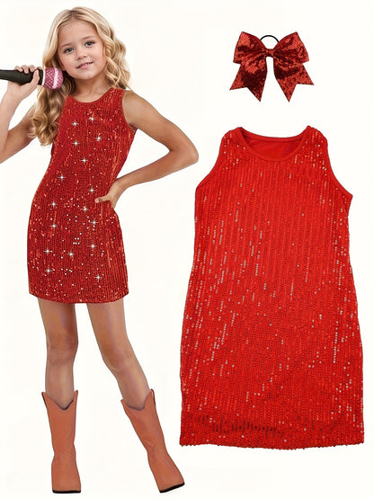 [2pcs Sparkly Sequin Dress] 2pcs/set Sparkly Sequin Sleeveless Dress for Girls | Fashionable Princess Party Gown with Hair Tie | 3-14Y (Dress + Headband)