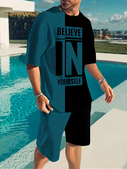 Believe In Yourself Print, Men's 2Pcs Outfits, Casual Crew Neck Short Sleeve T-shirt And Drawstring Shorts Set For Summer, Men's Clothing