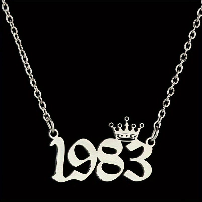 1 Elegant and Stylish Stainless Steel Polished Year Number Necklace, Unique Date Birthday Crown Pendant Necklace Gift for 1980-2024, Versatile Casual Attire Collarbone Chain Holiday Present