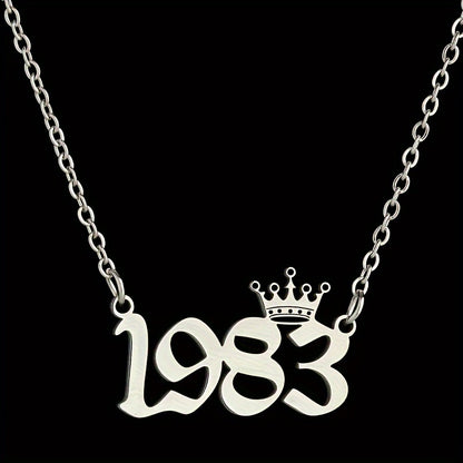 1 Elegant and Stylish Stainless Steel Polished Year Number Necklace, Unique Date Birthday Crown Pendant Necklace Gift for 1980-2024, Versatile Casual Attire Collarbone Chain Holiday Present