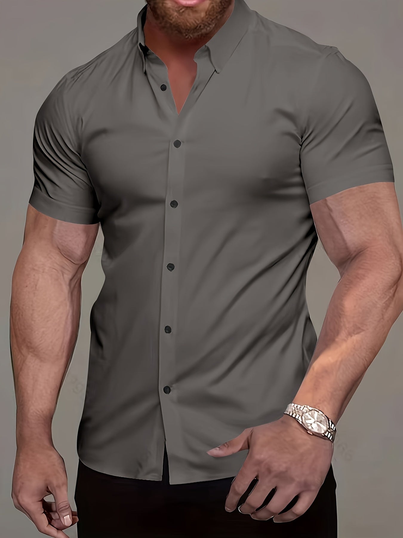 Muscle Man Fitness Short Sleeve Lapel Shirt | Non-Stretch, Solid Color, Button Detail, Summer Business Casual Non-Iron Shirt